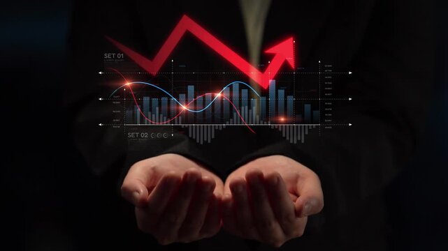 Economic caution visualized with fluctuating market graph, alert symbols, and negative data trends. Represents financial risk, market volatility, and economic uncertainty. Muxer