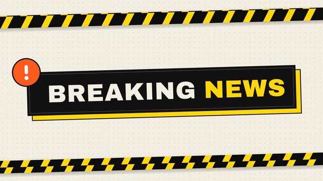 Animated breaking news black title box with exclamation icon and yellow black caution tape stripes for urgent alert. 4k video