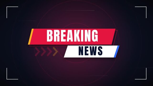 Breaking news title banner with red and white bars and arrow accents inside corner frame for broadcast intro. 4k video
