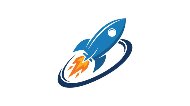 Blue rocket launching upward through orbit rings creating a dynamic startup concept logo design
