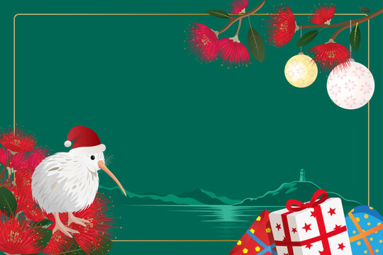 New Zealand Christmas card design with white kiwi bird in Santa hat, gift boxes and red pohutukawa flowers against lighthouse background 
