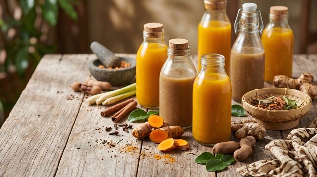 Traditional Indonesian jamu herbal drinks in glass bottles with fresh turmeric and ginger on a rustic wooden table, generative AI