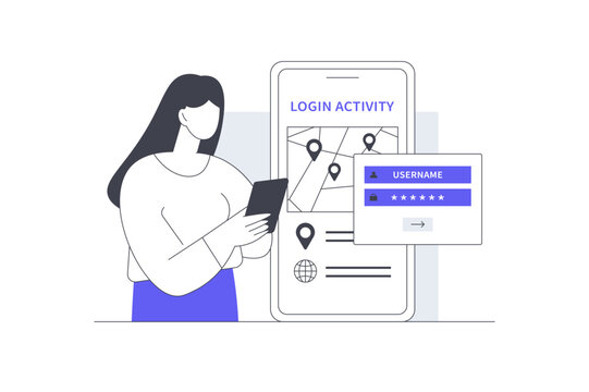 Profile Security Login Activity Account Verification Control. Female Specialist Holding Phone Screen Displaying Login Activity Map Password Window. Flat Cartoon Vector Illustration, icon Stylish web