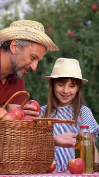 Father and Daughter Discuss Homemade Apple Juice in Apple Orchard - Rack Focus. Farmer father explaining how fresh apples become healthy homemade juice while bonding with his daughter. 
