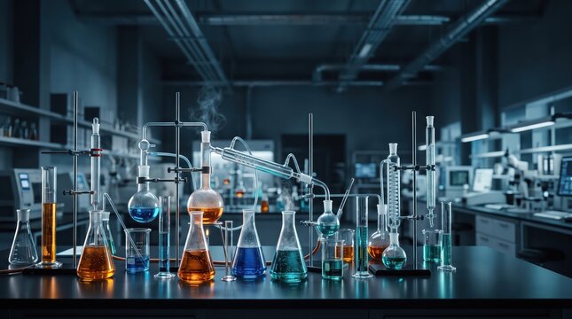 Chemistry glassware arranged for experiments in a modern laboratory. Chemical research and scientific discovery. Laboratory analysis and pharmaceutical development.