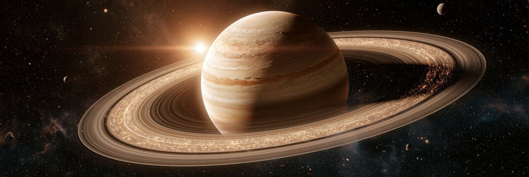 Planet Saturn mit Ringen im Weltraum vor dunklem Sternenhimmel