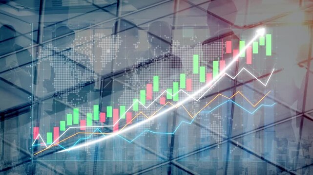 This image features an abstract financial chart illustrating market trends with colorful candlestick patterns, highlighting growth and investment opportunities in a corporate setting. Copula