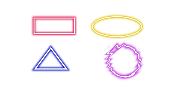 Neon glowing geometric shapes including rectangle ellipse triangle and wavy circle.