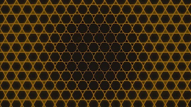 Golden geometric pattern of interlocking hexagons and triangles creating an abstract background texture