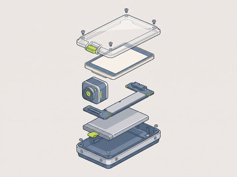 Isometric exploded view diagram of an electronic device showing internal components including camera module, circuit board, battery, display screen, and protective casing