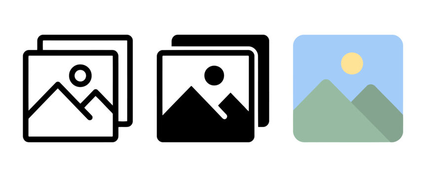 Modern gallery icon set, vector image and photo album symbols, flat landscape picture icons for web and mobile UI design