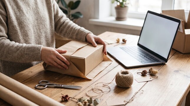 Woman wearing cozy sweater wrapping cardboard package in brown paper near modern laptop computer