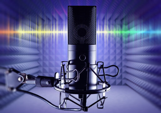 Audio recording, studio condenser microphone captures voice, podcast, music and speech inside a soundproof room with acoustic panels.