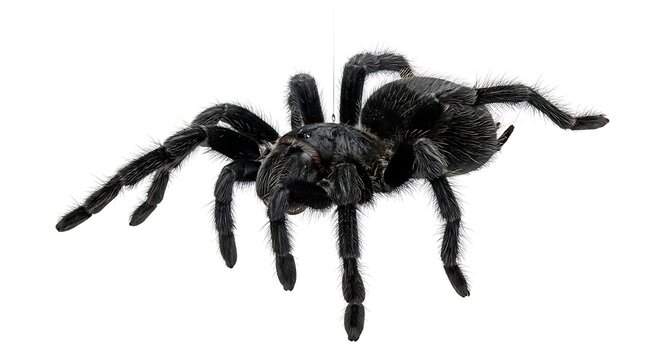 Black tarantula spider on white background with detailed hairy legs and body isolated