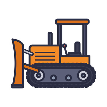 Orange crawler dozer with large push blade, open roll cage canopy, operator seat and steel tracks, flat vector icon isolated on white background