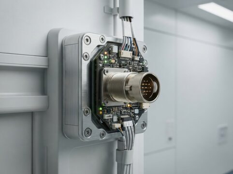 smart hospital sensor network Close-up of an industrial electronic connector mounted on a metal panel.