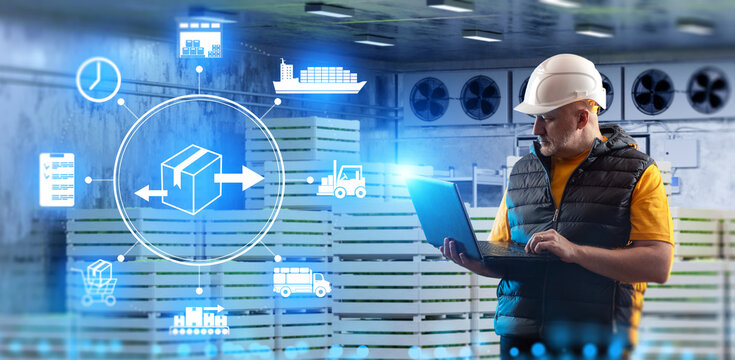 Cold storage logistics, warehouse manager uses a laptop to monitor inventory, shipping and automated supply chain operations inside a refrigerated facility.