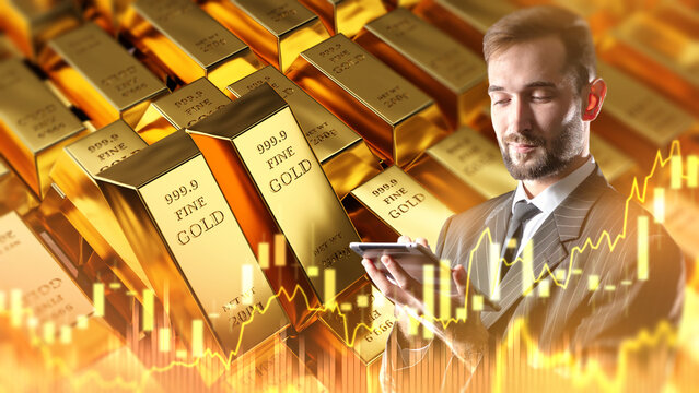 Gold investment, financial analyst monitors precious metal prices and market growth while evaluating gold bars as a safe haven asset and investment.