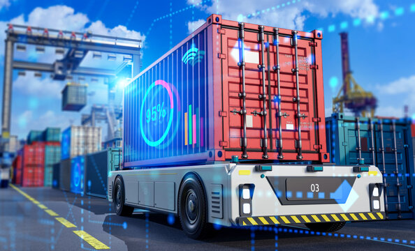 Port automation, autonomous container vehicle transports cargo while digital tracking technology controls logistics and container terminal operations.