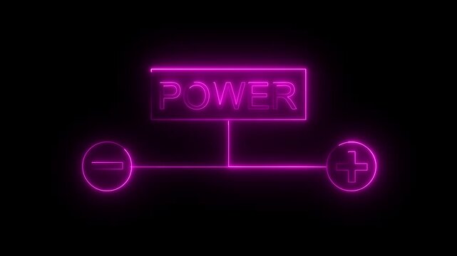 Neon pink power symbol with plus and minus signs for electrical concepts