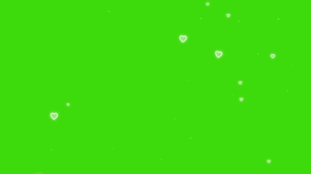Glowing white neon hearts and twinkling sparkles floating on green screen chroma key background, Valentine love overlay