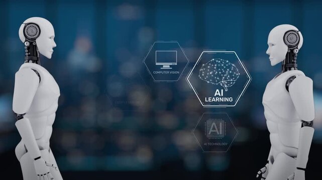 Two humanoid robots face each other, showcasing various AI technology elements such as deep learning and computer vision in a modern digital workspace. Synapse
