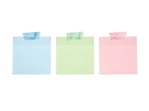 Three pastel colored sticky notes with matching tape isolated on transparent background for creative organization and planning layouts