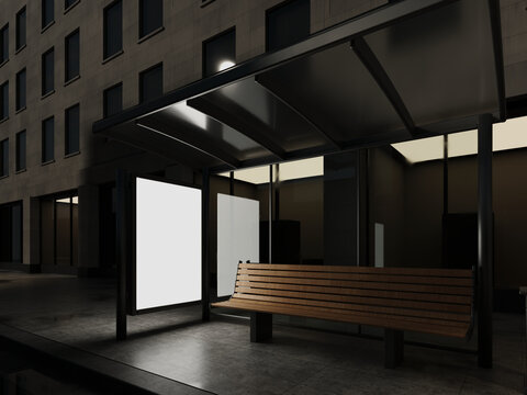 Blank bus shelter lightbox seen from behind the bench at dusk 3D render