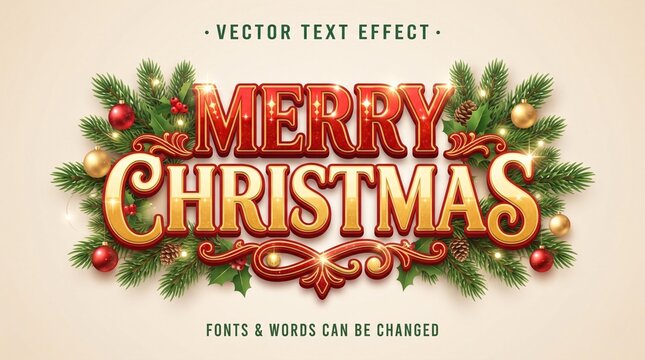 Editable Merry Christmas Vintage Typography Text Effect with Pine Branches and Ornament.