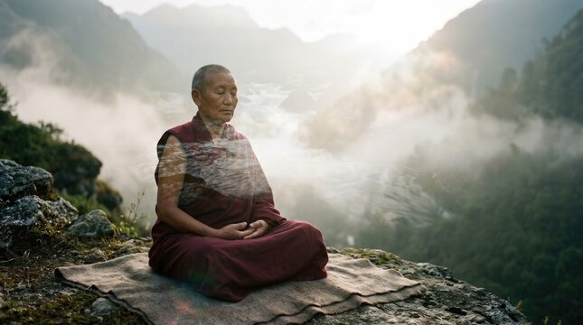 Passing into Nirvana: monk transition, spiritual release, mountain meditation, serene transcendence, ethereal awareness, soul liberation, peaceful solitude.