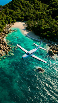 A small white seaplane flying over a turquoise lagoon with a sandy beach and lush greenery in the background