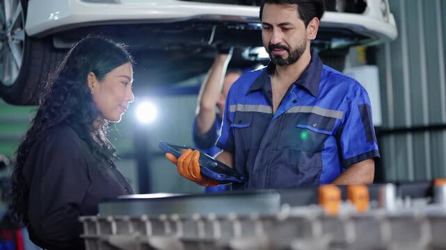 Bearded technician reads a rugged tablet and points to the battery pack as an Asian woman in black leans in to look, a white car raised on the lift and work lights behind