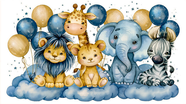 A colorful illustration of five cartoon animals sitting on clouds with balloons and stars in the background