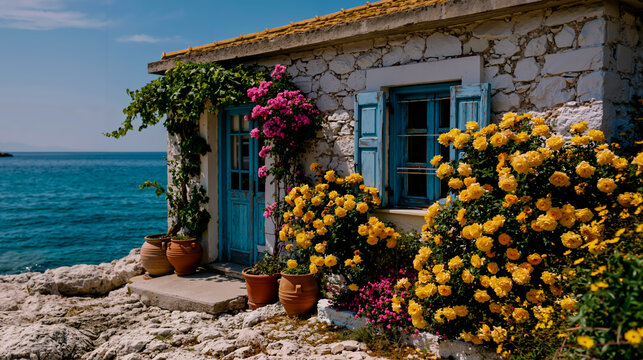 A picturesque coastal scene featuring a quaint stone house with blue shutters adorned with vibrant flowers and potted plants overlooking a serene sea