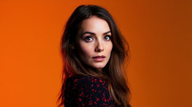Woman glancing over shoulder with startled expression against burnt orange background