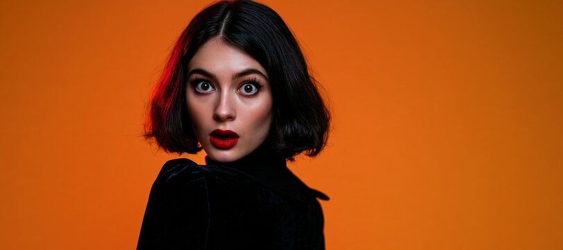 Woman in black velvet costume turning with startled Halloween expression