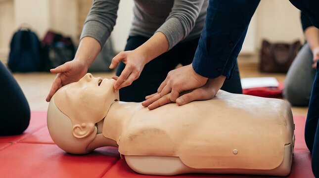 CPR training mannequin, hands performing chest compressions, emergency first aid instruction, life-saving medical education, health and safety course
