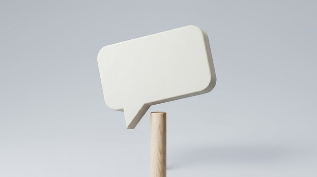 Minimalist white speech bubble, a blank communication icon on a light wooden stick, clean message concept for social media and dialogue, simple graphic element for text and ideas