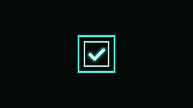 Neon cyan checkmark icon pulsing in square frame, minimalist ui motion for digital interface