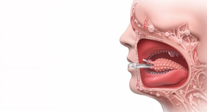 An educational illustration showing endotracheal intubation amidst a clean white background, effectively utilizing space for clear understanding and copy placement.