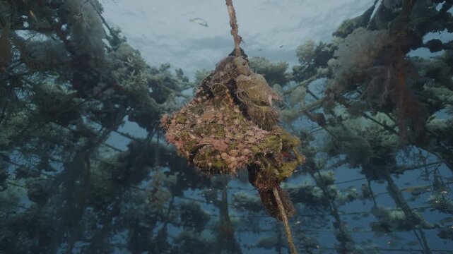 Warty frogfish (Antennarius maculatus) camouflaged and clinging to an overgrown rope in the Red Sea