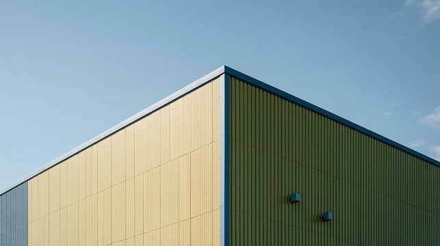 Warehouse facade with yellow and green corrugated metal cladding under a clear sky, featuring sharp industrial lines for logistics and construction