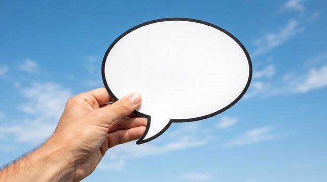 Hand holding a blank white speech bubble against a bright blue sky with fluffy clouds
