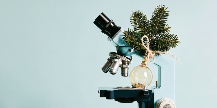 Laboratory microscope decorated with a fir sprig and golden bauble, featuring a clean metallic finish for festive science greetings and copy space