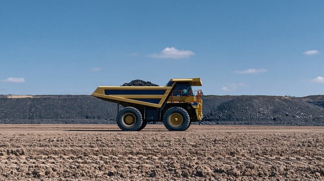 Massive dump truck loaded with coal in an open pit coal mine, featuring rough churned earth and a deep blue sky for heavy industry and power