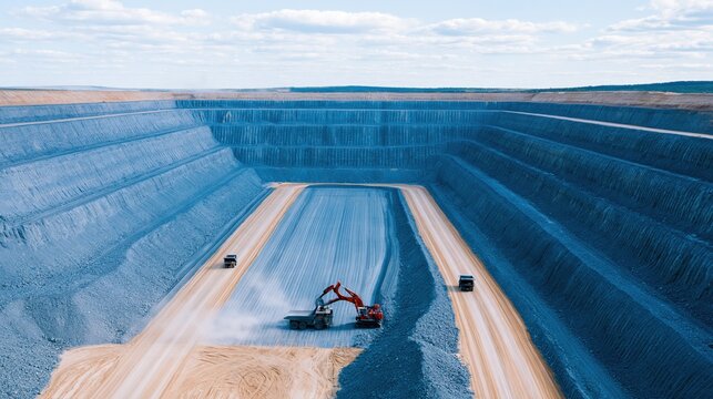 Open pit mine with a red excavator loading a dump truck in a dusty, terraced industrial quarry for mining banners and copy space