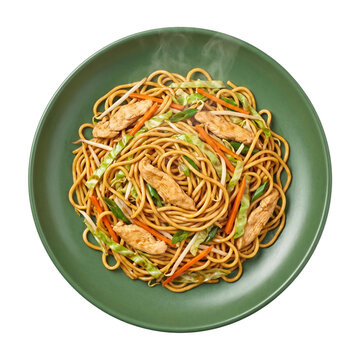 Steaming hot chicken chow mein noodles served on green ceramic plate isolated on transparent background