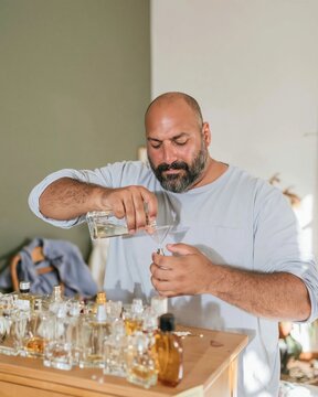 Perfume bottles on a wooden dresser where a man carefully decants fragrance into a travel atomiser for a grooming ritual