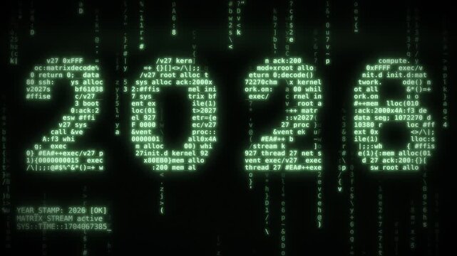 Green Matrix Code Terminal Decodes 2026 into 2027 with Falling Digital Rain on Retro CRT Screen