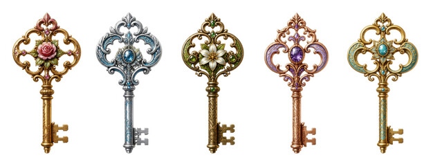 Fototapeta na wymiar Set of ornate antique keys isolated PNG on transparent background